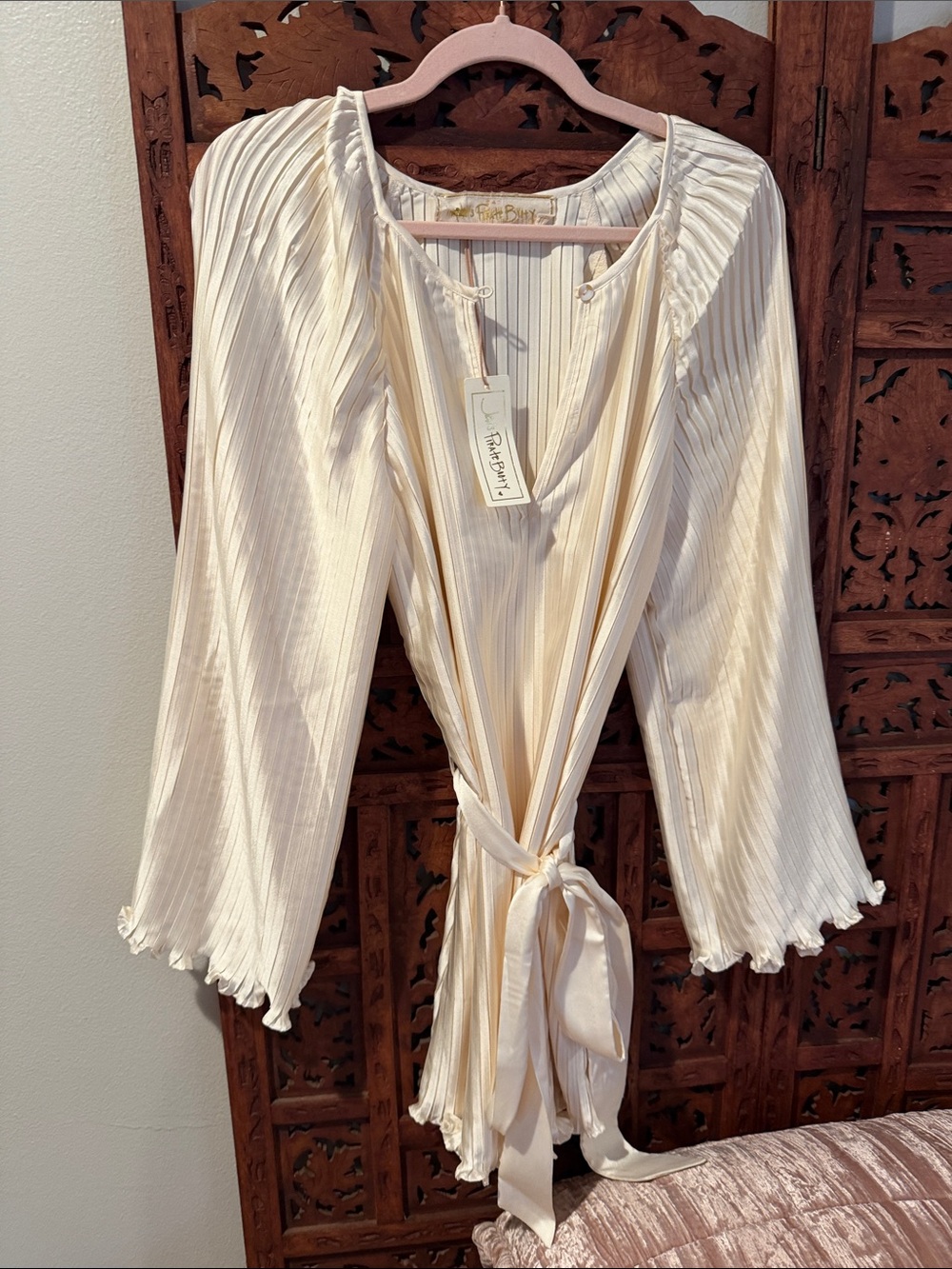 Jen's Pirate Booty Cream Pleated Tie-Front Satin mini long sleeve dress S/M